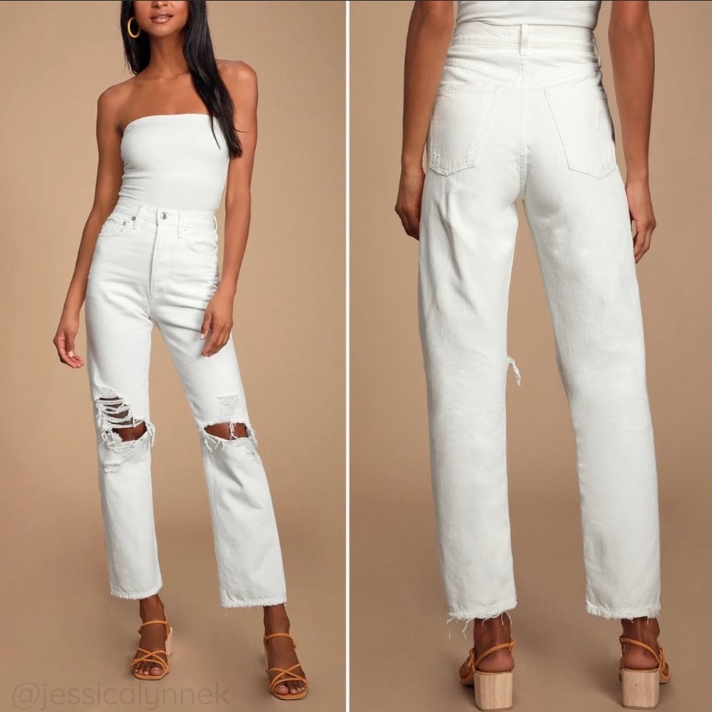 Agolde White Distressed High-Rise Straight Jeans